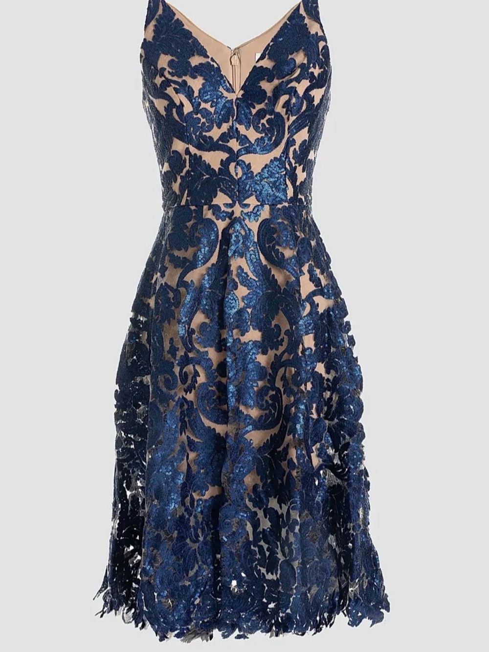 Dress the Population Navy Blue and Nude Lace Appliqué Midi Dress
